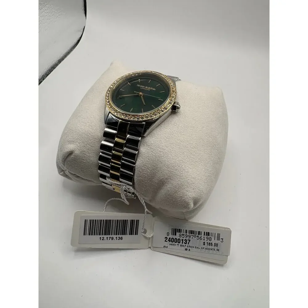 Olivia Burton London Women Watch Green Dial Crystal Bezel Two-Tone Nwt Green